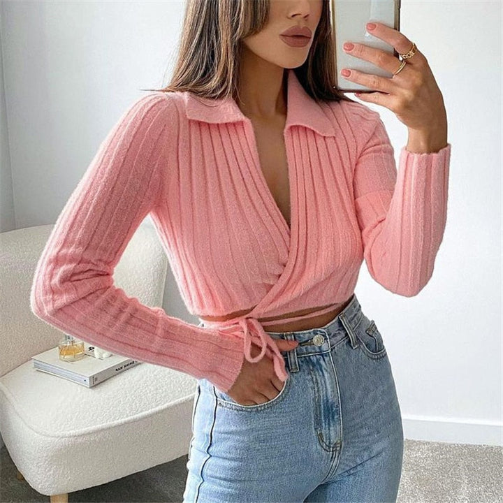 Solid Cross V-Neck Lace Up Bow Long Sleeve Sweater - MomyMall