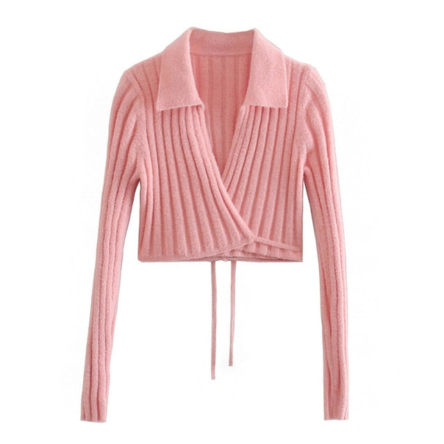 Solid Cross V-Neck Lace Up Bow Long Sleeve Sweater - MomyMall L / Pink