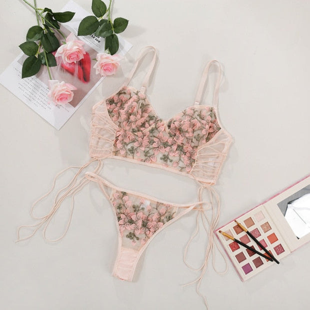 Women Lace Up Transparent Skinny Bodysuit - MomyMall S / Pink flowers