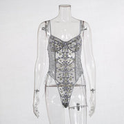 Women Lace Up Transparent Skinny Bodysuit - MomyMall S / gray