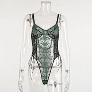 Women Lace Up Transparent Skinny Bodysuit - MomyMall S / green