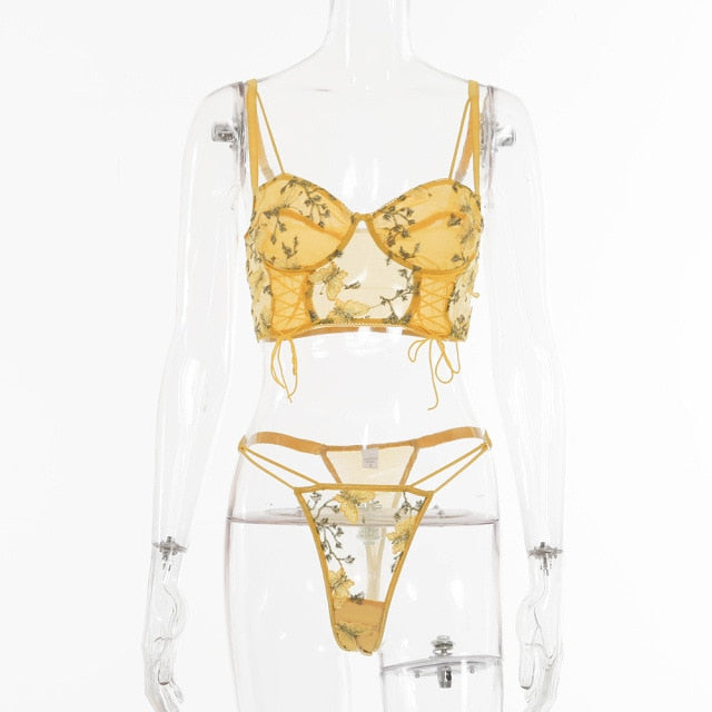 Women Lace Up Transparent Skinny Bodysuit - MomyMall L / Yellow butterfly