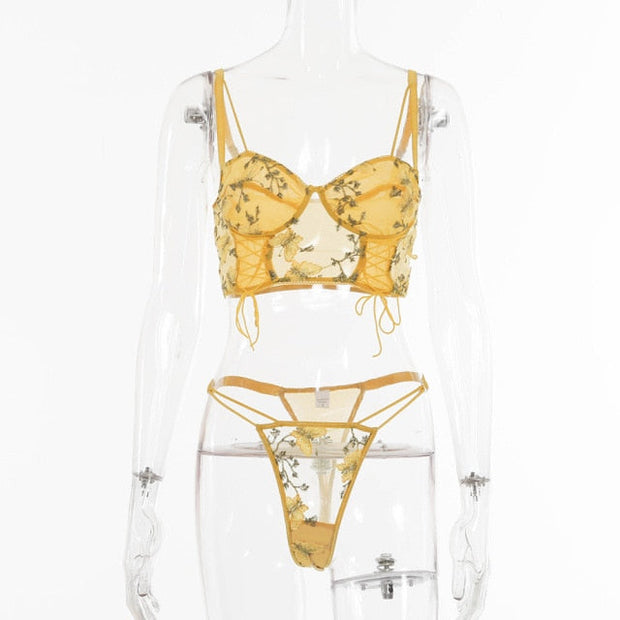 Women Lace Up Transparent Skinny Bodysuit - MomyMall L / Yellow butterfly