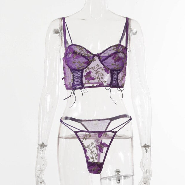 Women Lace Up Transparent Skinny Bodysuit - MomyMall L / Purple butterfly