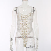 Women Lace Up Transparent Skinny Bodysuit - MomyMall L / white