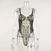 Women Lace Up Transparent Skinny Bodysuit - MomyMall S / Yellow black