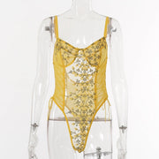 Women Lace Up Transparent Skinny Bodysuit - MomyMall L / Bright Yellow