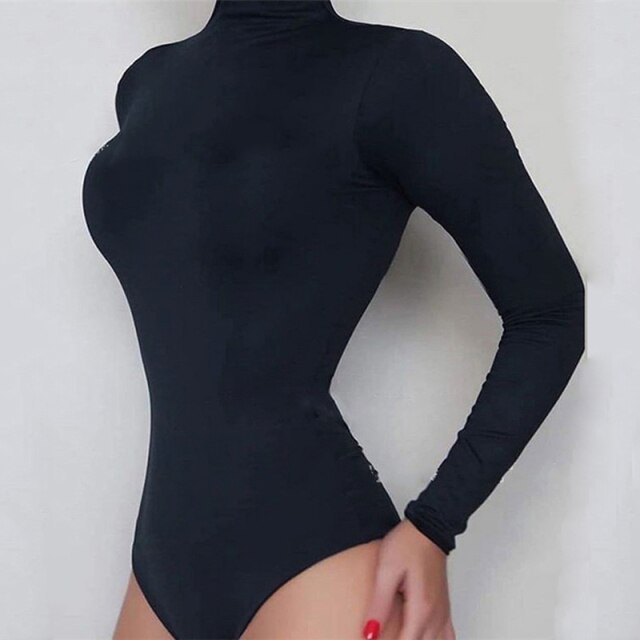 Turtleneck Long Sleeve Solid White Sexy Bodysuit - MomyMall m / black