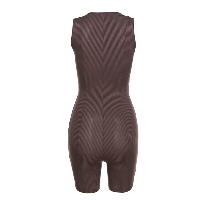 Women Ribbed Sexy Sleeveless V Neck Zipper Mini Playsuits - MomyMall Brown / S