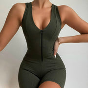 Women Ribbed Sexy Sleeveless V Neck Zipper Mini Playsuits - MomyMall Army Green / M