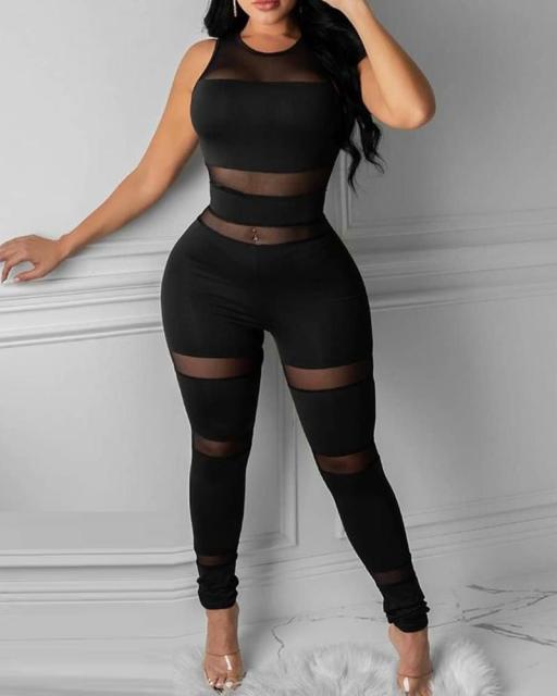 Elegant Casual Sheer Thick Strap Sleeveless Skinny Jumpsuit - MomyMall black / XL