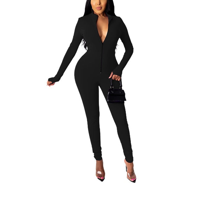 One Piece Sexy Zipper Front Long Sleeve Fitness Slim Skinny Romper - MomyMall black / XL