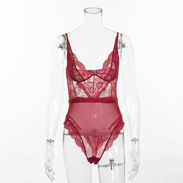 Mesh Sheer Lace V Neck Sexy Bodysuit - MomyMall L / Claret