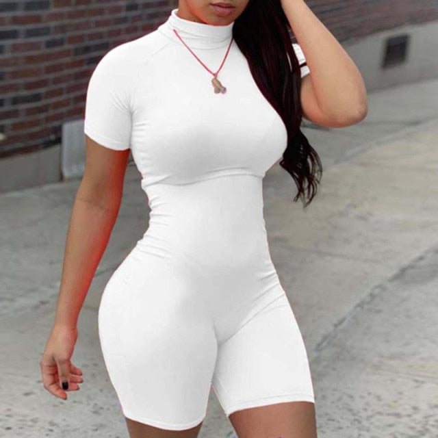 Mock Neck Short Sleeve Casual Playsuit High Elastic Sexy Bodysuit - MomyMall white / S