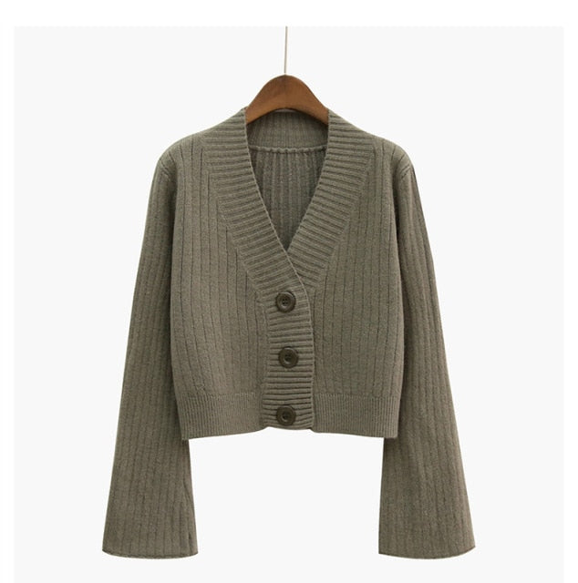2021 Cardigan Long Flare Sleeve Short Sweater - MomyMall One Size / green