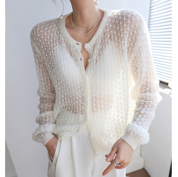 hollow breathable thin knit cardigan sweater - MomyMall