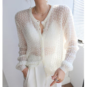 hollow breathable thin knit cardigan sweater - MomyMall