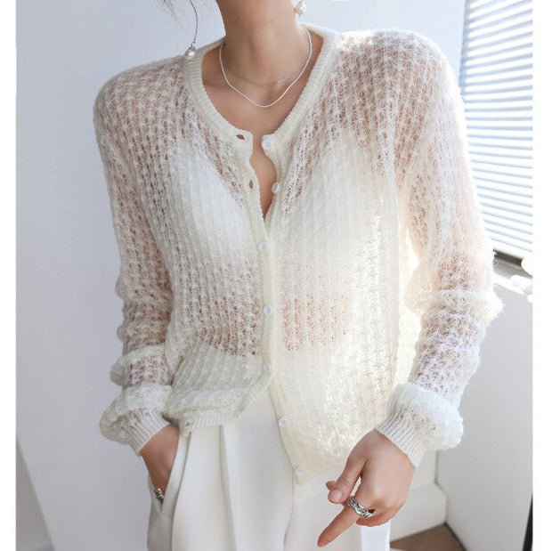 hollow breathable thin knit cardigan sweater - MomyMall One Size / white