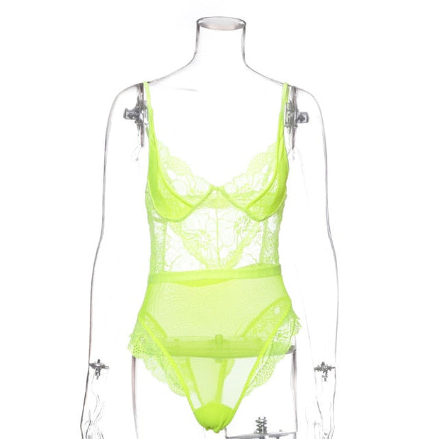 Mesh Sheer Lace V Neck Sexy Bodysuit - MomyMall L / neon green