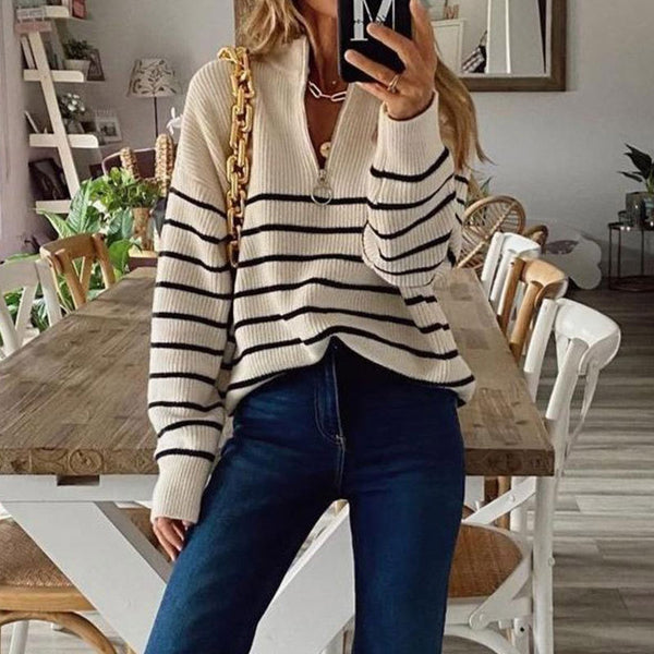 Long Sleeve Striped Patchwork Jumpers Ladies Loose Knitted Sweater - MomyMall