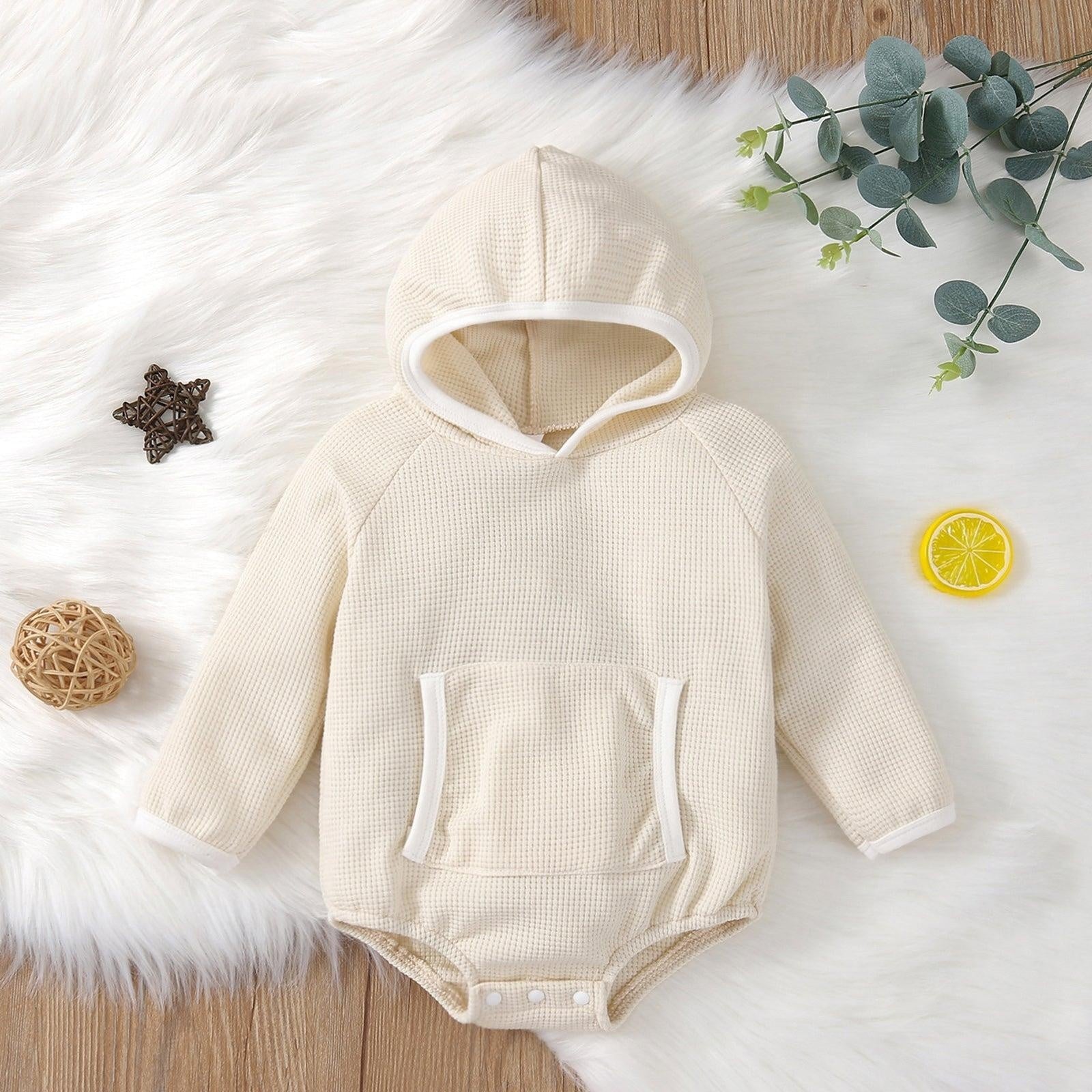 Solid Hooded Pocket Onesie - MomyMall Cream / 3-6 Mo