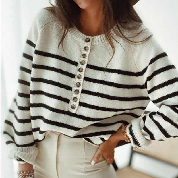 Long Sleeve Striped Patchwork Jumpers Ladies Loose Knitted Sweater - MomyMall XL / 01 White