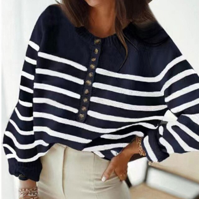 Long Sleeve Striped Patchwork Jumpers Ladies Loose Knitted Sweater - MomyMall XL / 03 Navy