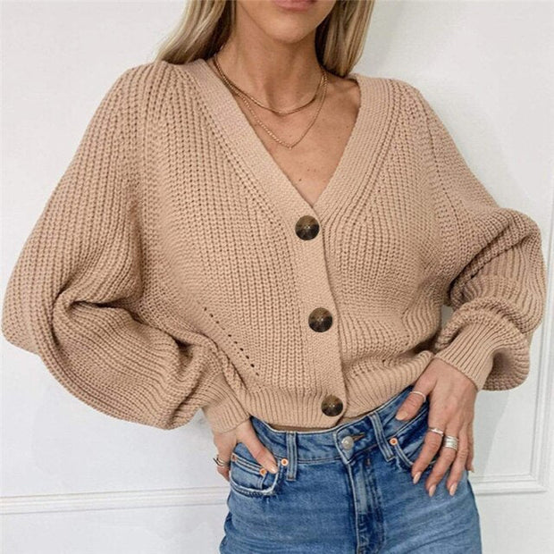 Cardigan V-neck Long Sleeve Knitted Sweater - MomyMall M / S1-Khaki