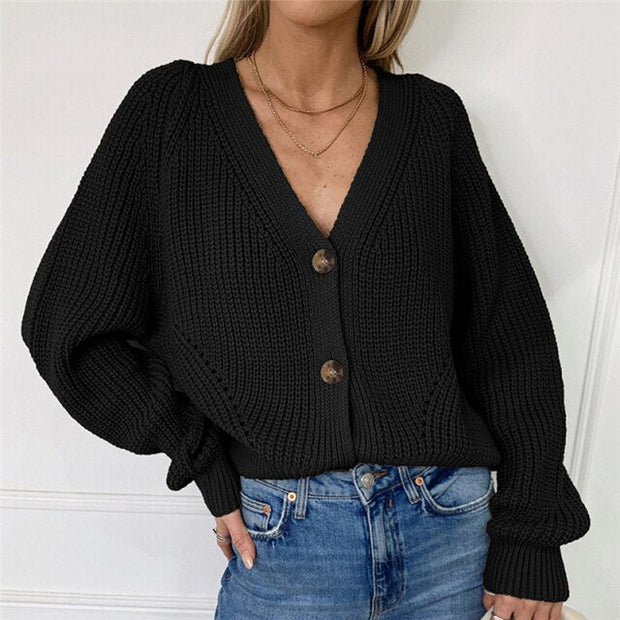 Cardigan V-neck Long Sleeve Knitted Sweater - MomyMall M / S1-Black