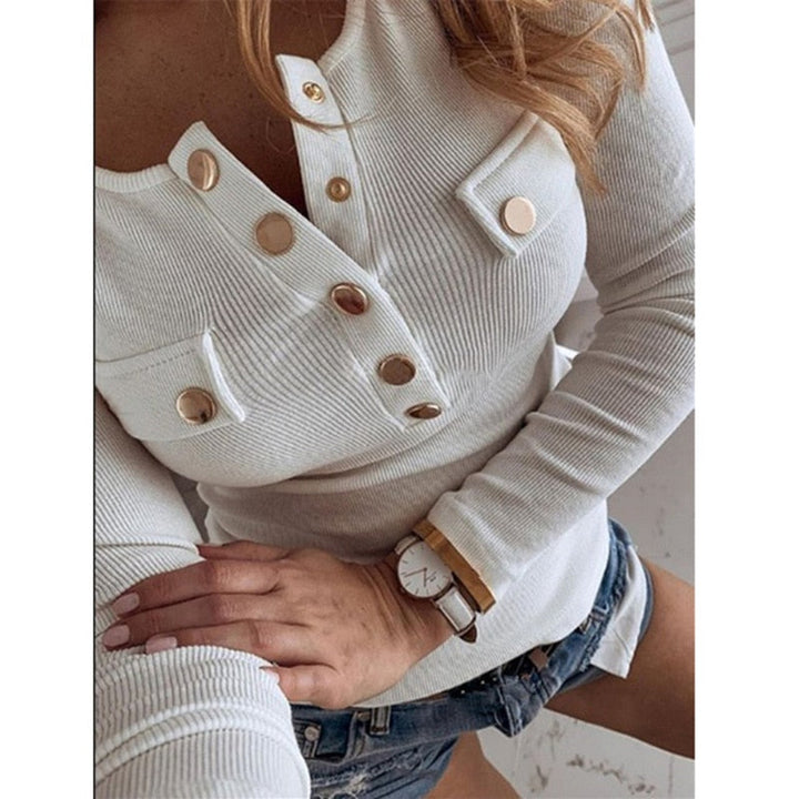 Size O-Neck Button Up Pocket Female Basis Sweater - MomyMall