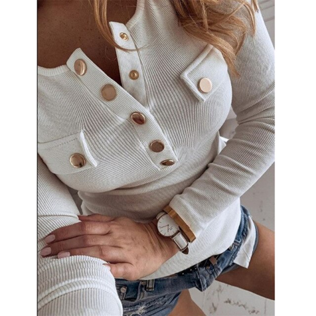 Size O-Neck Button Up Pocket Female Basis Sweater - MomyMall L / white