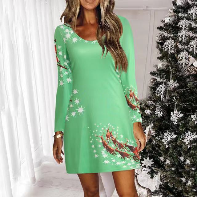 Winter Women Long Sleeve Print Loose Casual Mini Dress - MomyMall 8151-3 Green / M