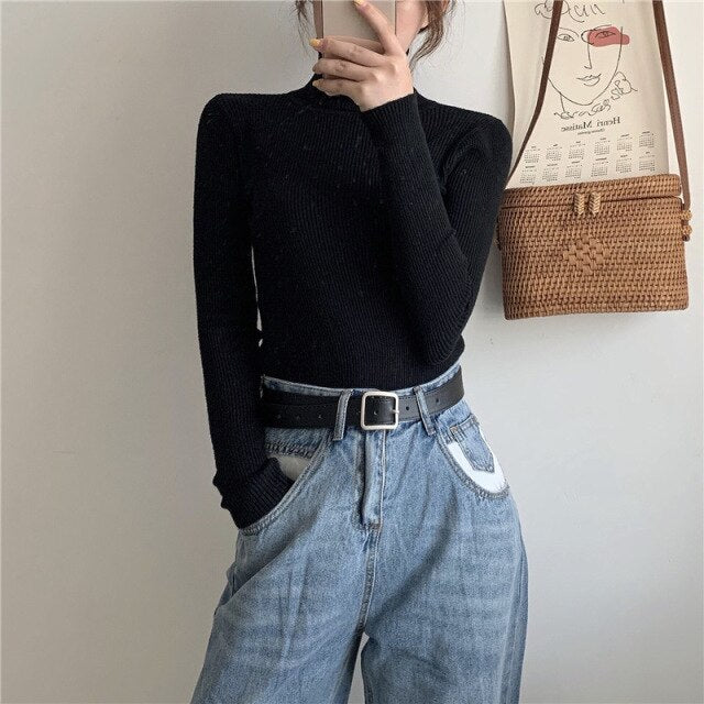 Primer Shirt Long Sleeve Short Slim-fit tight Sweater - MomyMall One Size / black