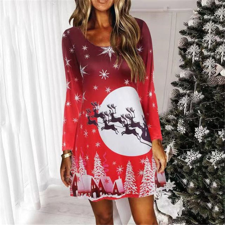 Winter Women Long Sleeve Print Loose Casual Mini Dress - MomyMall