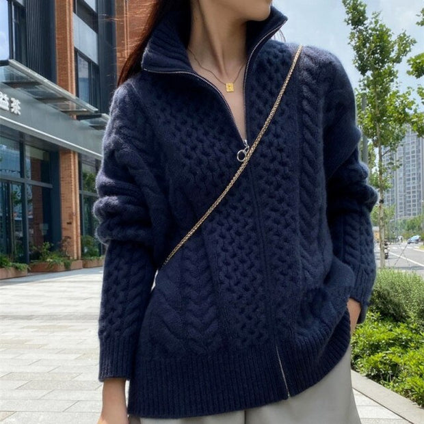 knitted Cardigan loose thin zipper sweater - MomyMall L / China / Blue