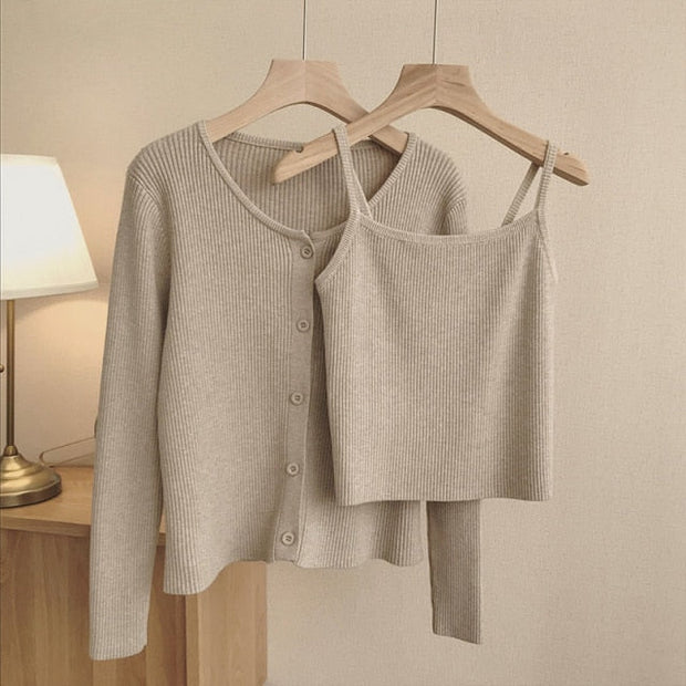 Cardigan Korean Fashion Basic Sleeve Sweater - MomyMall S / Khaki