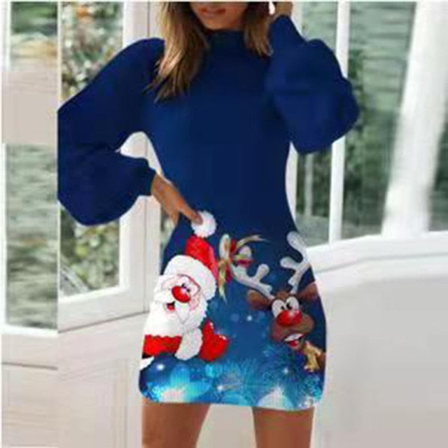 Fashion O-neck Slim-fit Woman Long-sleeved Base Shirt Christmas - MomyMall Blue / S