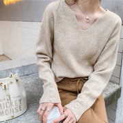 Pullover Solid V-neck Loose Elegant Office Lady Sweater - MomyMall