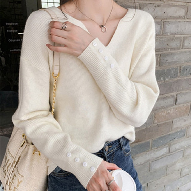 Pullover Solid V-neck Loose Elegant Office Lady Sweater - MomyMall One Size / beige