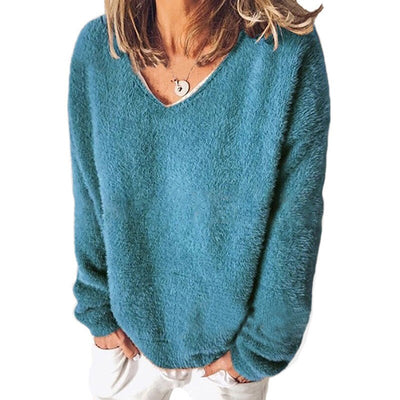 Casual Long Sleeve V-Neck Loose Pullovers Sweater - MomyMall