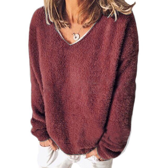 Casual Long Sleeve V-Neck Loose Pullovers Sweater - MomyMall S / red wine