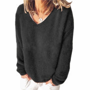 Casual Long Sleeve V-Neck Loose Pullovers Sweater - MomyMall S / black