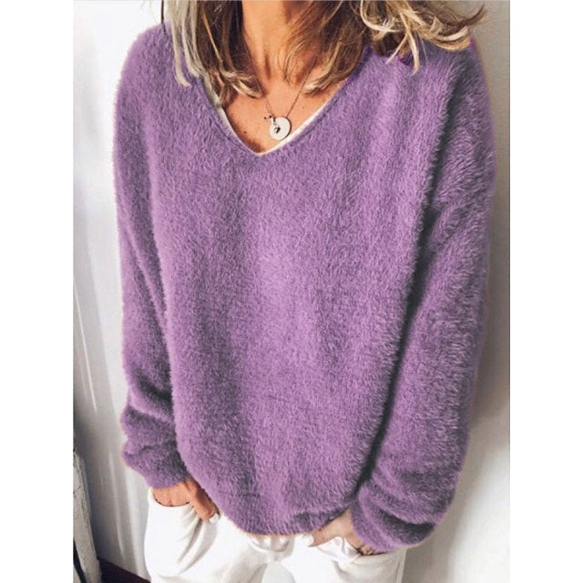 Casual Long Sleeve V-Neck Loose Pullovers Sweater - MomyMall L / Purple