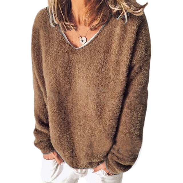 Casual Long Sleeve V-Neck Loose Pullovers Sweater - MomyMall S / Khaki