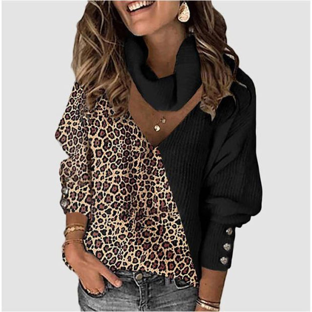 Knitted Leopard Patchwork Turtleneck Sweaters - MomyMall M / Black