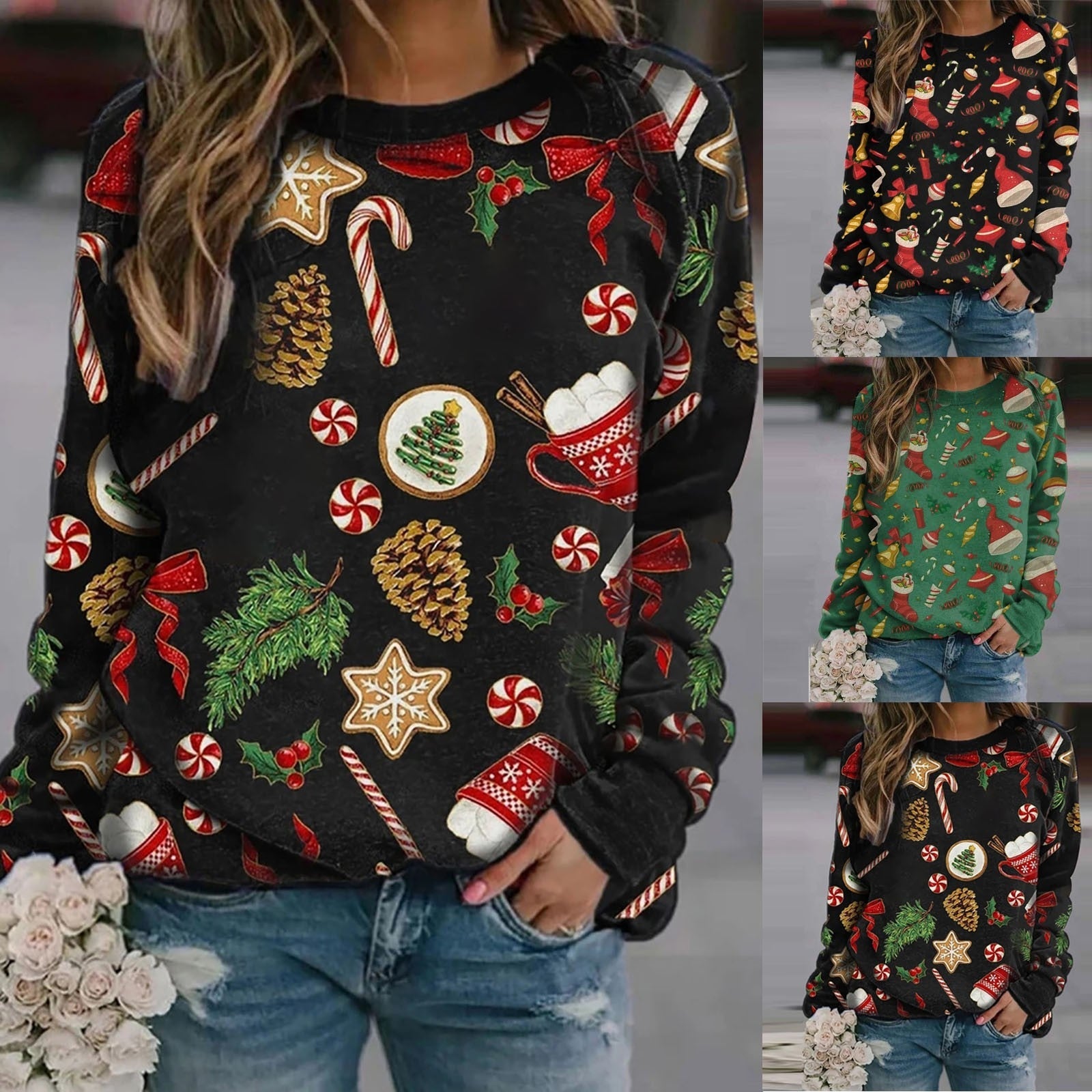 Women Christmas Printing T-shirt Plaid Women Casual Long Sleeve Shirts Blouse Christmas - MomyMall