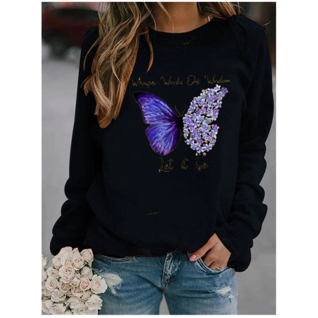 Casual Long Sleeve O-Neck Loose Hoodie Fashion Ladies Streetwear - MomyMall yang-79 Black / S