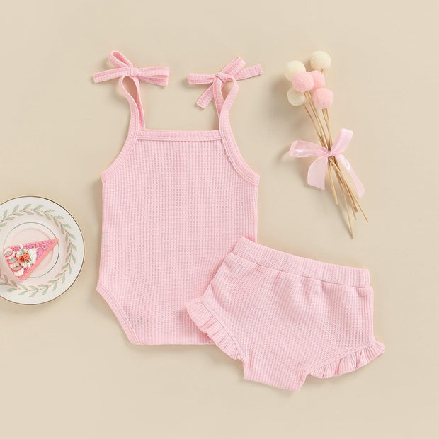 Solid Shoulder Tie Onesie with Shorts