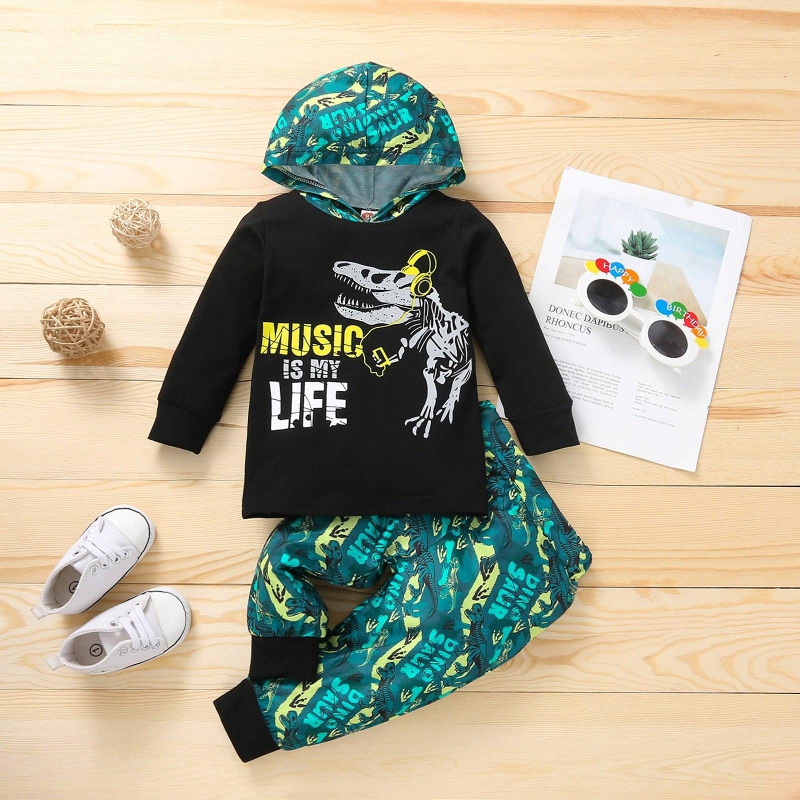 Dinosaur Hoodie & Pants Outfit - MomyMall Black / 6-12 Mo