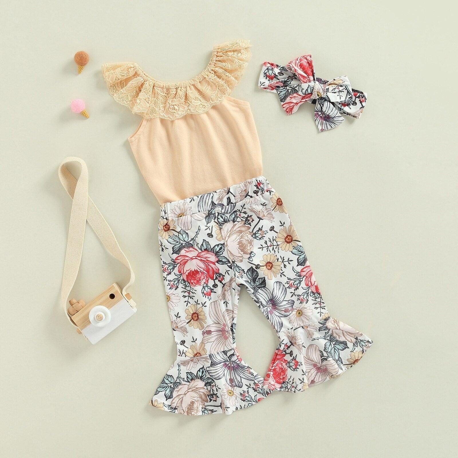 Lace Sleeved Onesie & Floral Pants Outfit